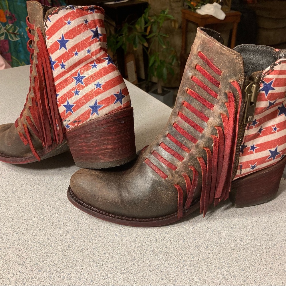 Corral Stars and Stripes Patroitic Red and Brown Ankle Boots with Fringe